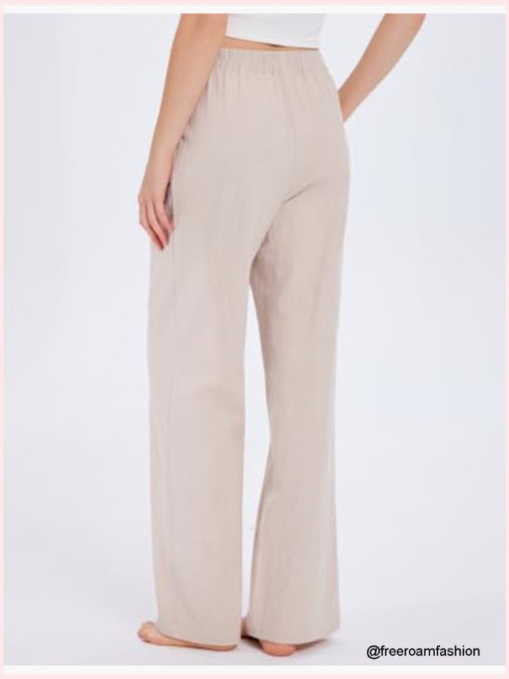 Wide Leg Linen Palazzo Pants Elastic Waist Travel Trousers with Pockets - Picture 5 of 6